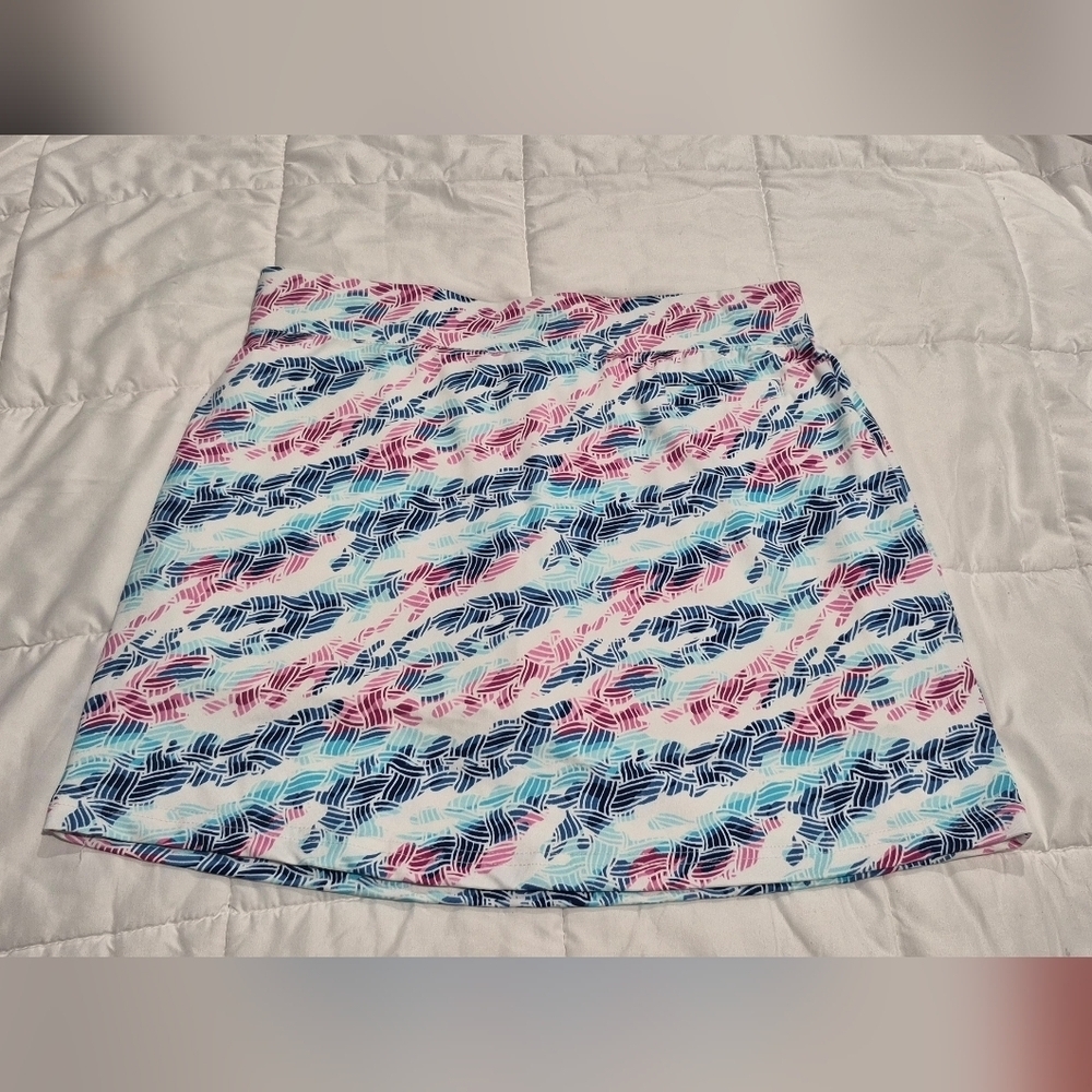 Pebble Beach Pink and Blue Leaf Print Mini Skirt